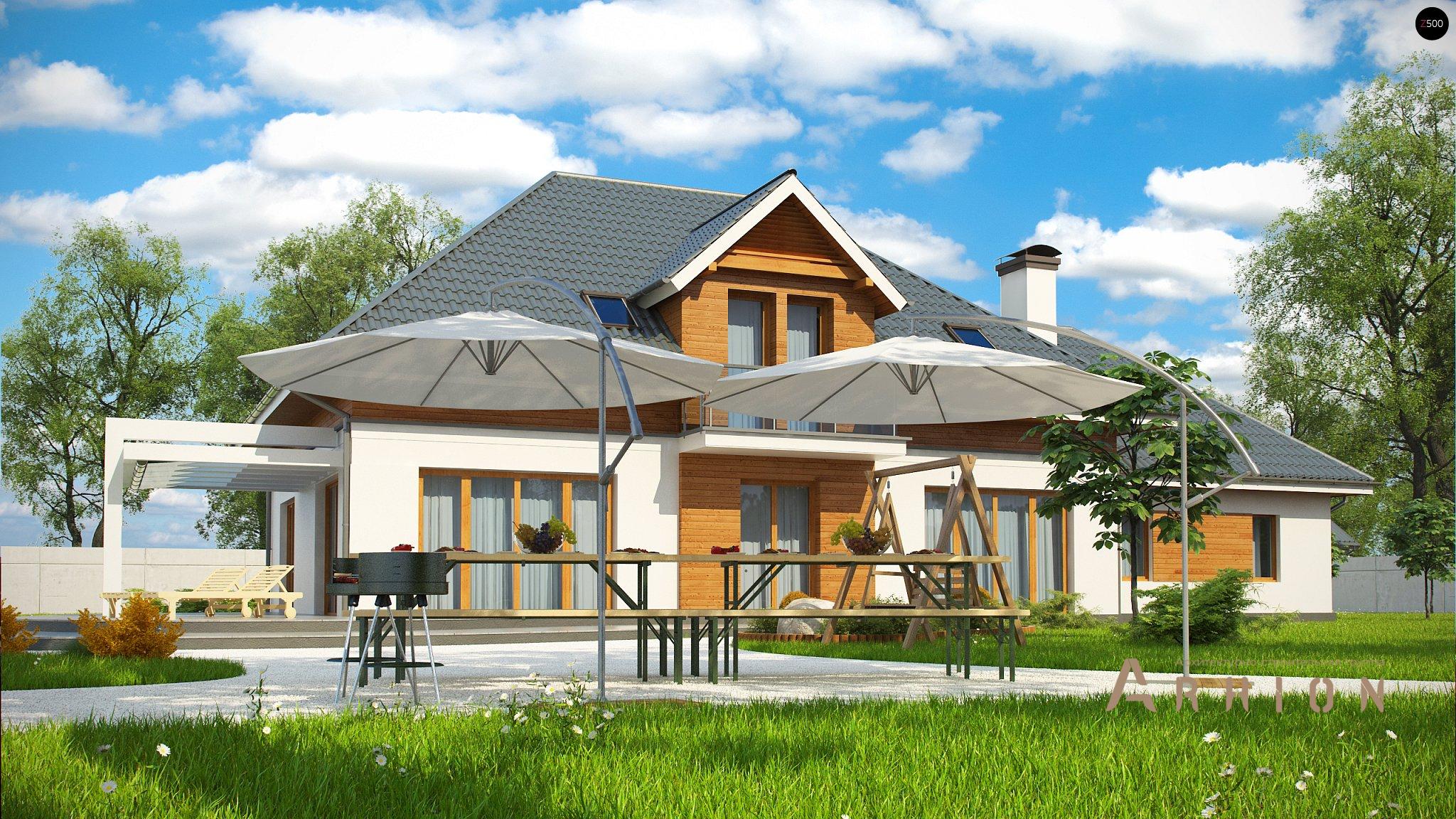 3. Проект одноэтажного дома в альпийском стиле с четырехскатной, Z50 A, площадью - 343 кв c мансардой, терассой, балконом, гаражом